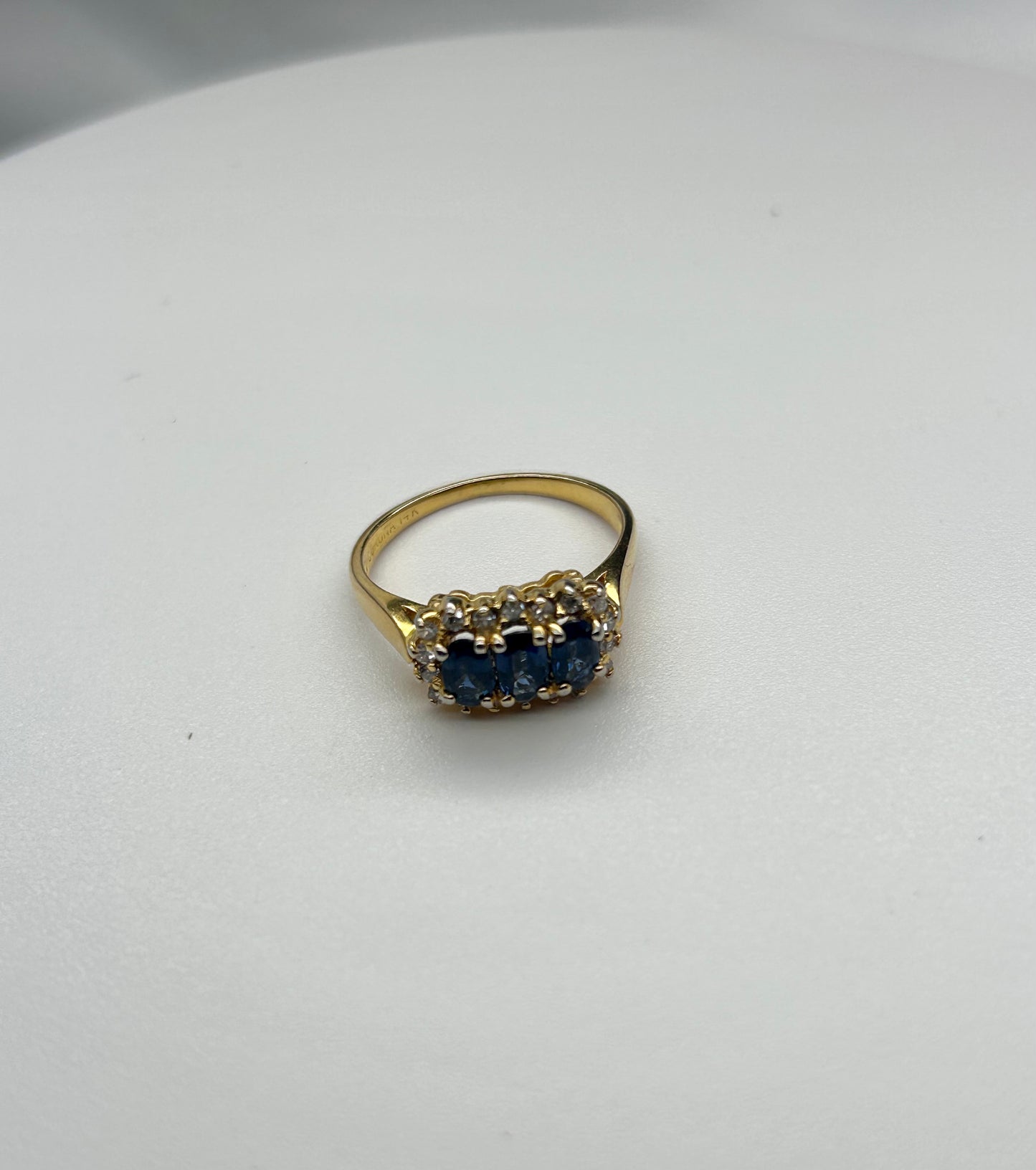 Three Sapphire Diamond Halo 14k gold Ring