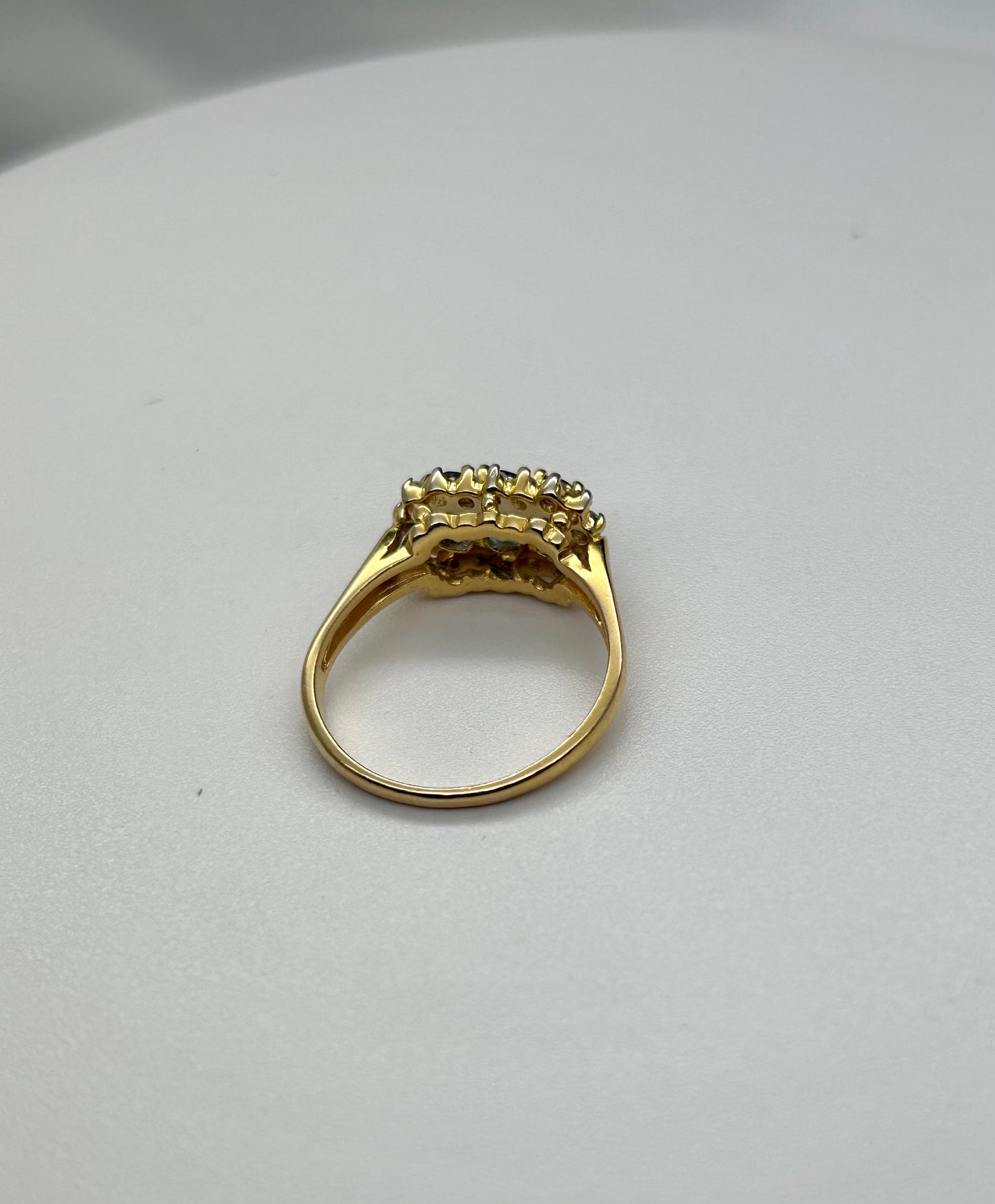 Three Sapphire Diamond Halo 14k gold Ring