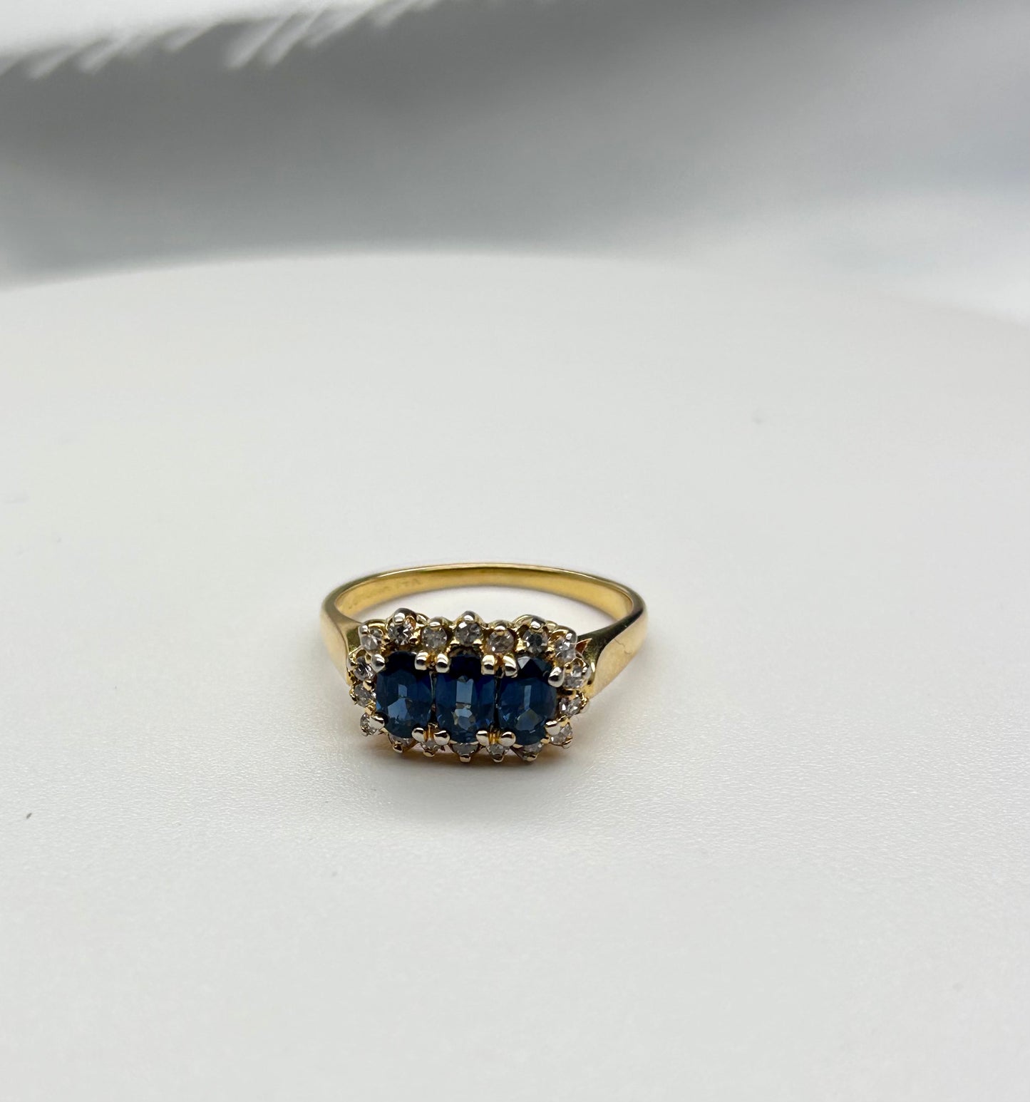 Three Sapphire Diamond Halo 14k gold Ring