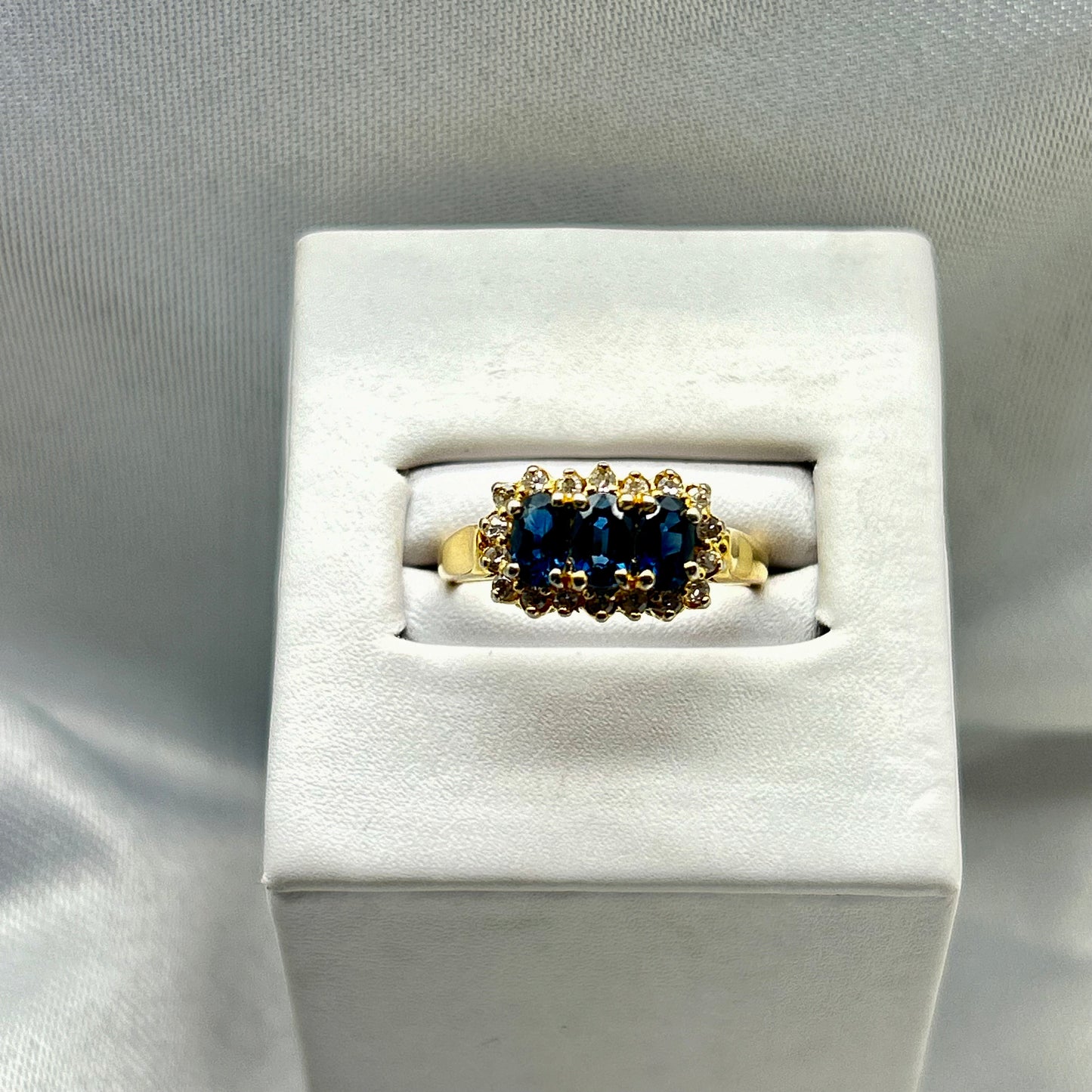 Three Sapphire Diamond Halo 14k gold Ring