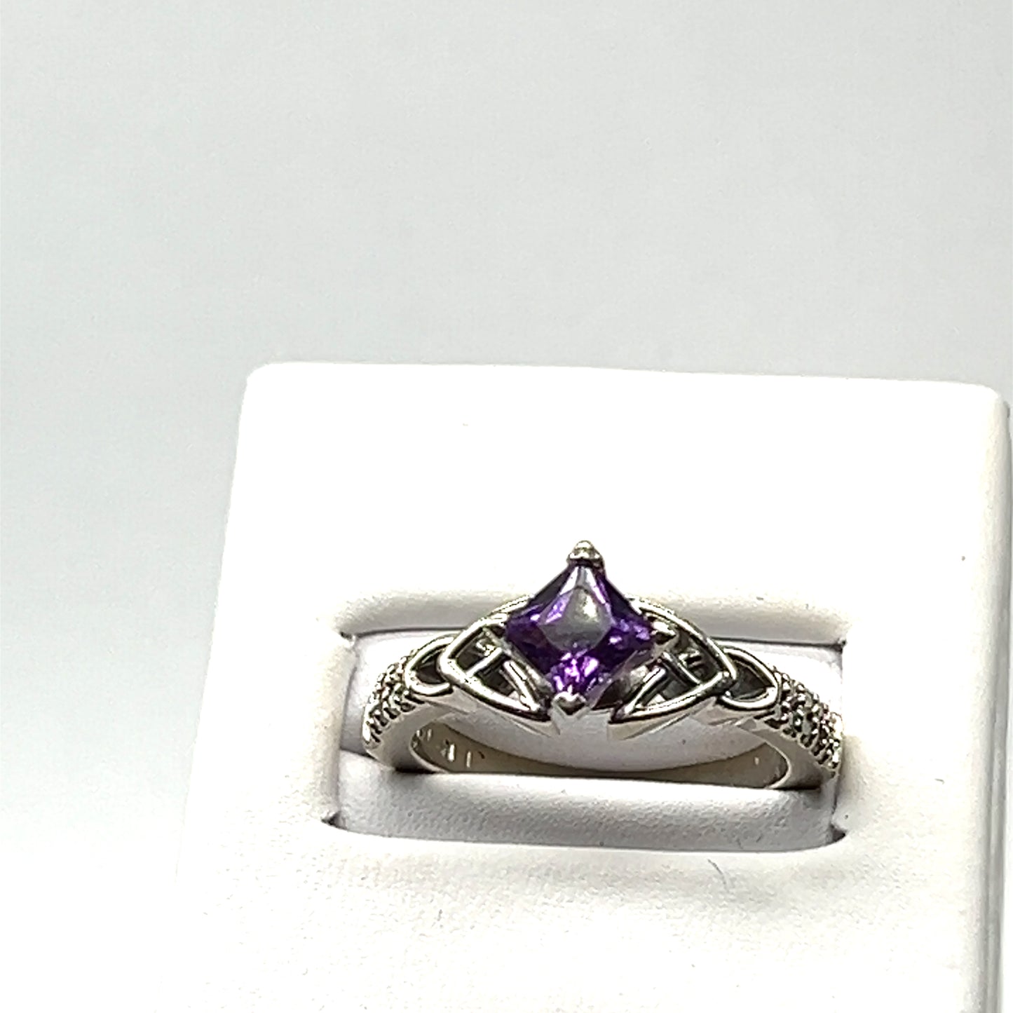 Amethyst and Diamond Celtic Ring in 14k White Gold