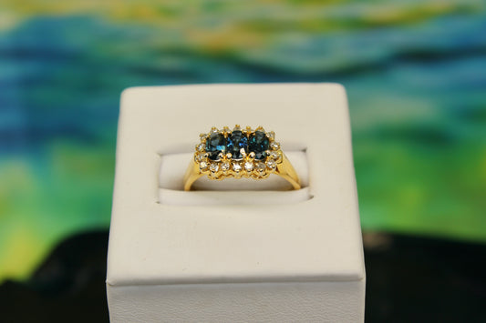 Three Sapphire Diamond Halo 14k gold Ring